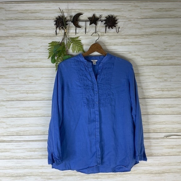 LL Bean Blue Pleated Linen Long Sleeve Button Down - Picture 1 of 5